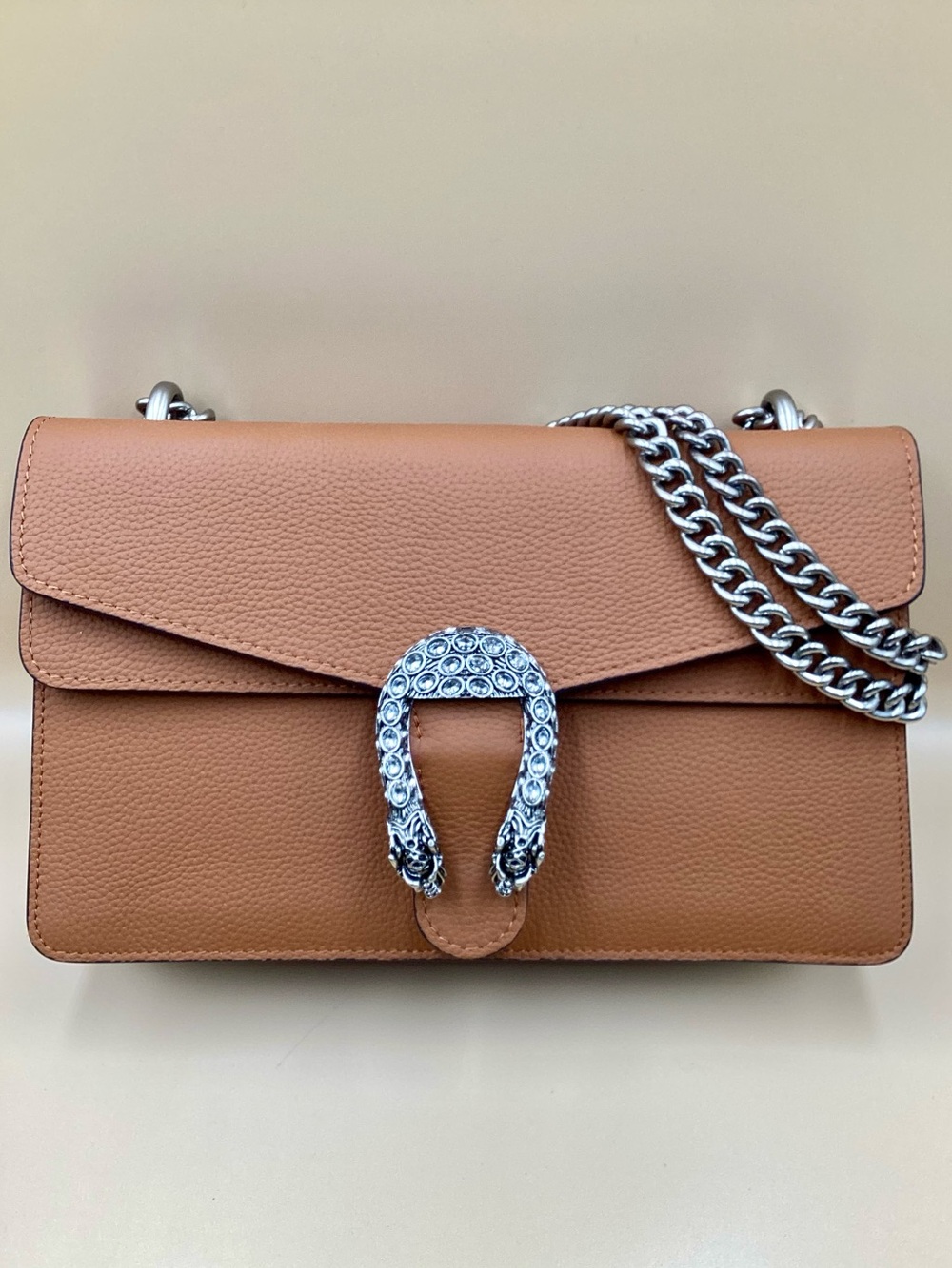Stunning New Cognac  Leather Chain  Bag with Crystal buckle and silver Hardware